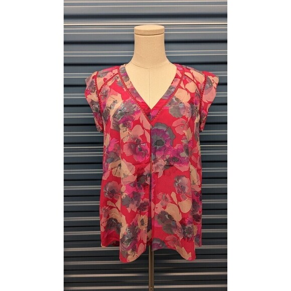 REBECCA‎ TAYLOR Silk Watercolor Floral Lattice Lace Flowy Romantic Top Size 6 - Picture 1 of 9